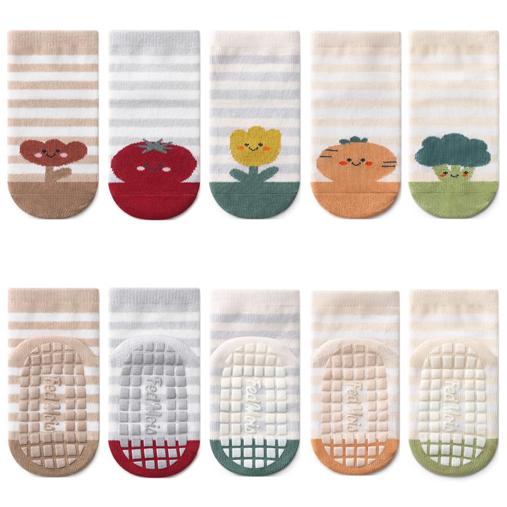 FedMois 5 Pairs Baby Kids Anti-slip Socks Cotton non skid Ankle Socks Animals