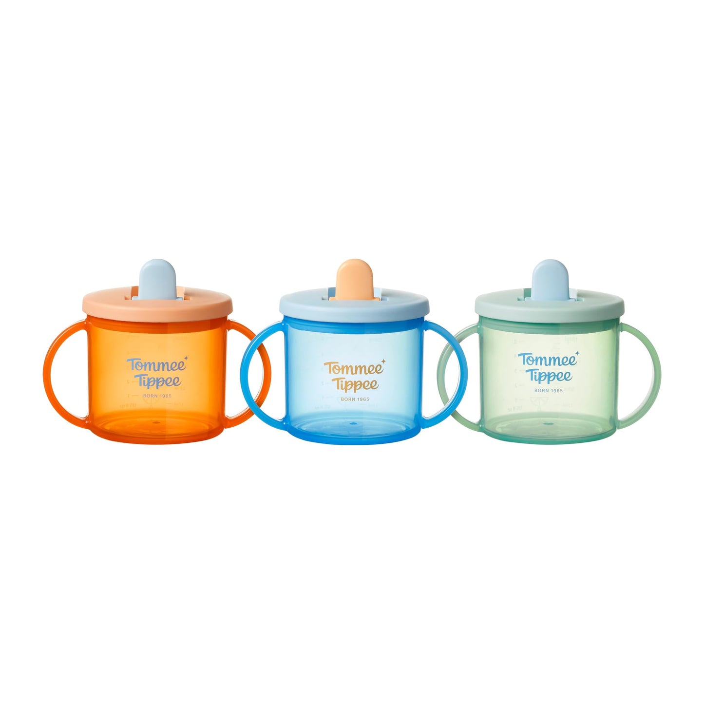 Tommee Tippee First Cup, 190ml, Non-Spill Sippy Cup for Babies 4 Months+, with Free-Flow Flip-Down Spout and Easy to Hold Handles, Orange, Blue and Green, 3 Pack