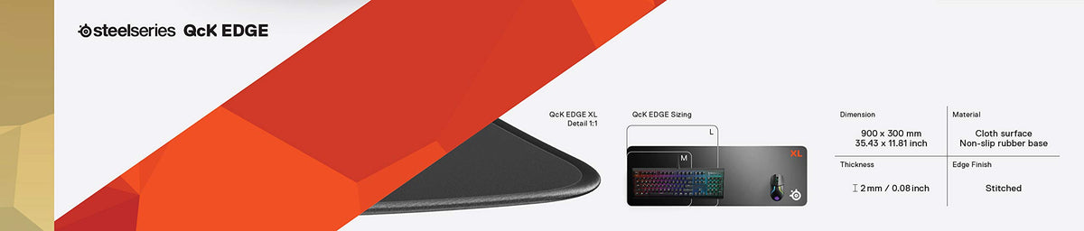 SteelSeries QcK Edge Cloth Gaming Mouse Pad - Never-fray Stitched Edges - Optimized For Gaming Sensors - Size L (450 x 400 x 2mm) - Black