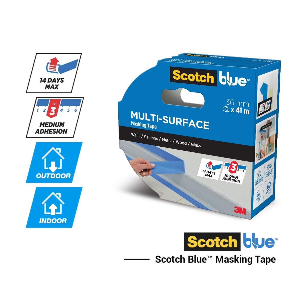 ScotchBlue Multi-Surface Premium Masking Tape, 24mm x 41m, 1 Roll/Pack - Scotch Adhesive Blue Painters Tape, For Painting and Decorating, Indoor & Outdoor, Sticks Well, 100% PEFC