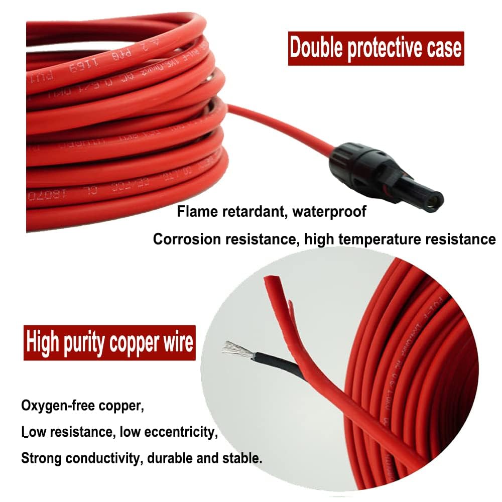 Solar Panel Extension Cable -1M/2M/3M/5M/10M/20M/30M 10AWG(6mm²/4mm²)，Harness Wiring Wire Adapter with Connector，Tinned Copper Electrical Wire Cable- Red+Black (4mm²3M)