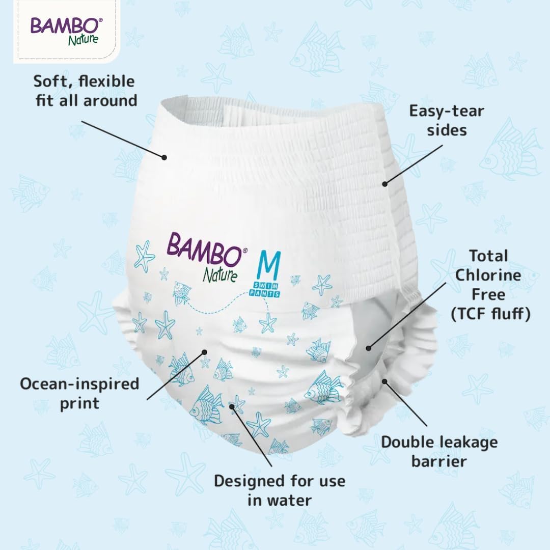 Bambo Nature Premium Swim Nappy Pants Medium Size (12+ kg), Disposable and Eco-Labelled, Perfect Swimming Nappies for Water Activities, Swim Nappies for Babies