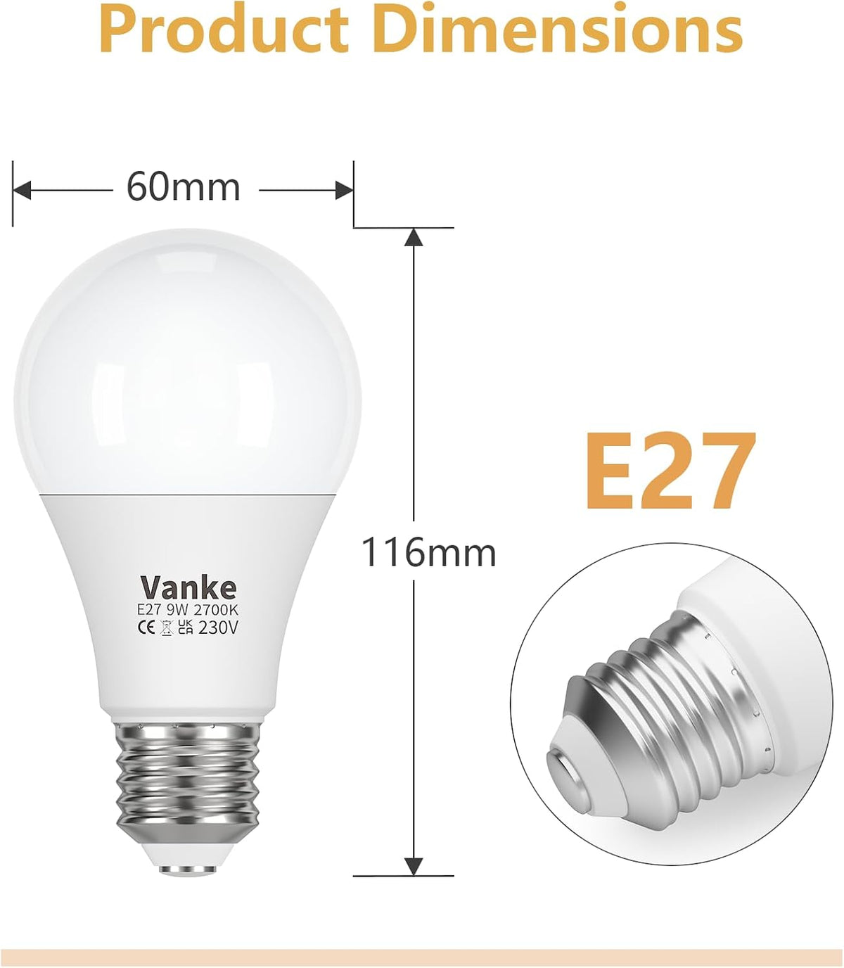 Vanke E27 Screw Bulb, 9W(60W Equivalent), Warm White 2700K, Pack of 3