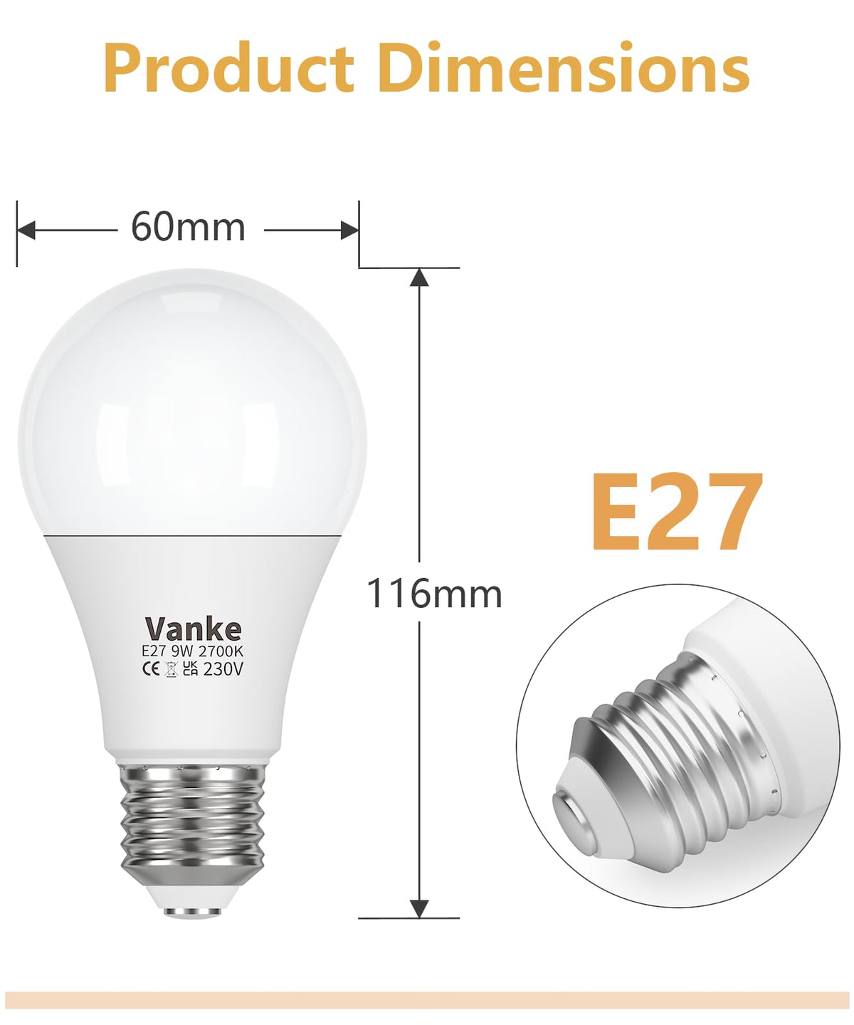 Vanke E27 Screw Bulb, 9W(60W Equivalent), Warm White 2700K, Pack of 3