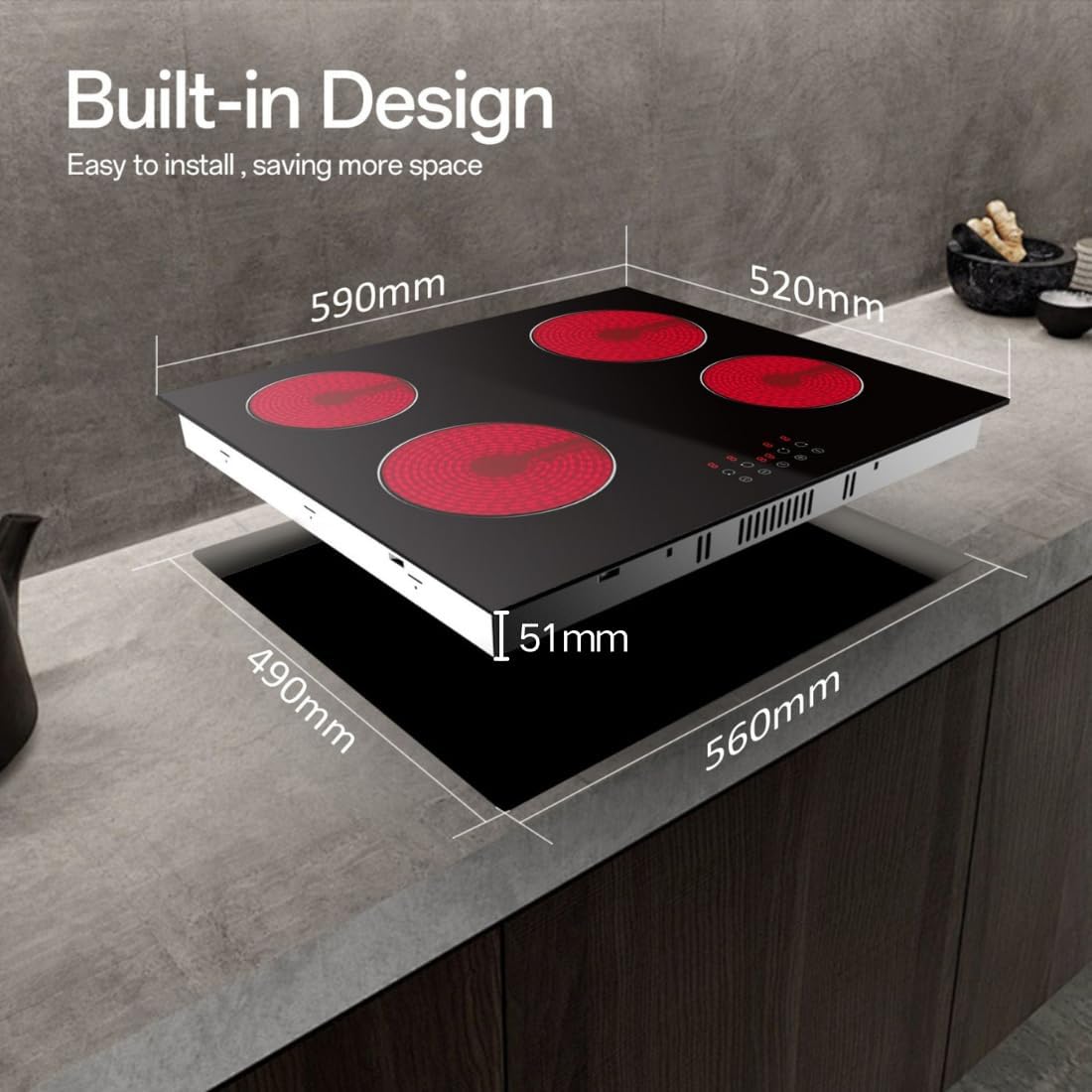 Built-in Ceramic Hob 4 Burners, STARCHARTS Electric Hob, 4 Zones Cooktops with Total Power 6000W, Timer, Child Lock, Black Glass