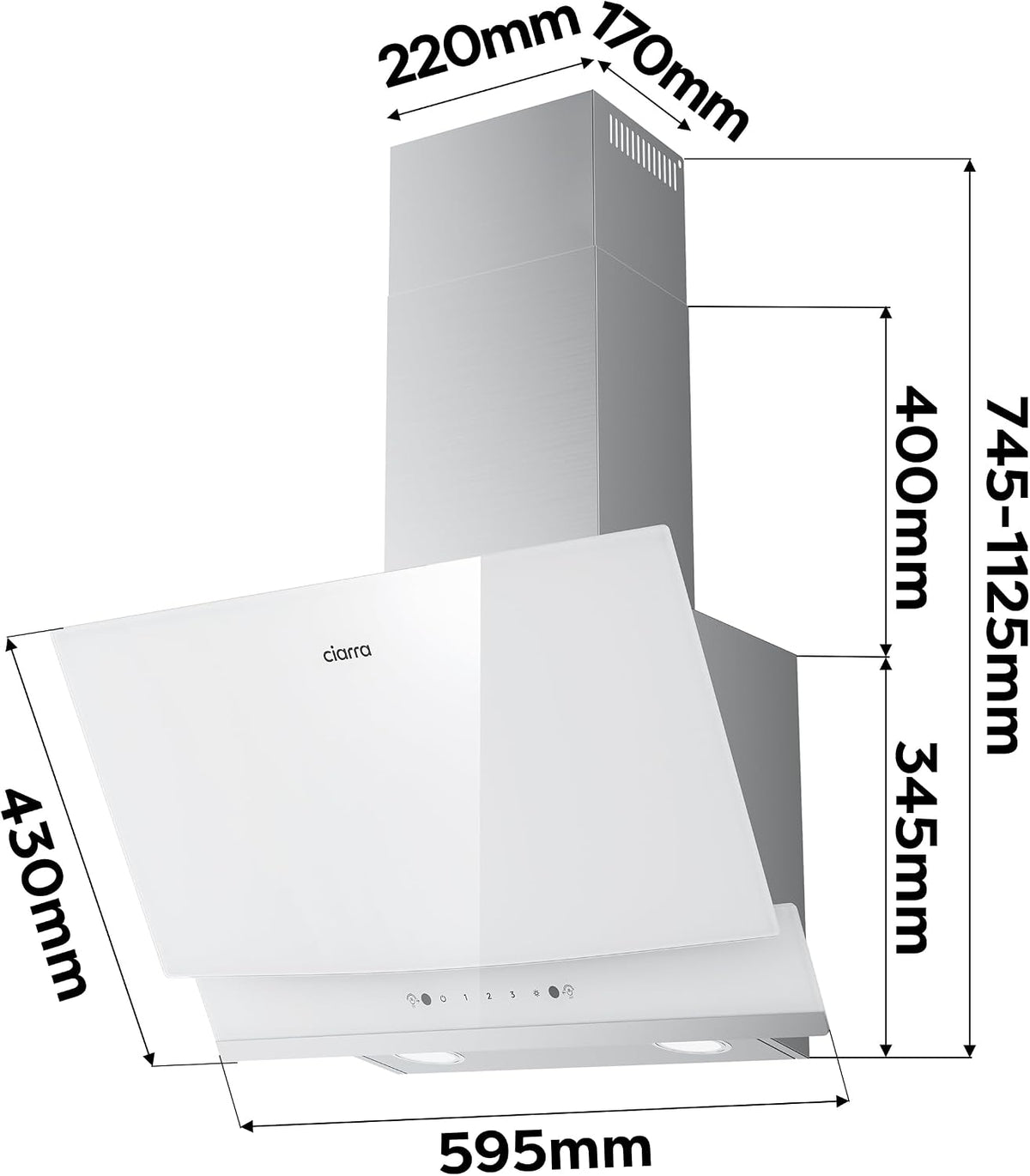CIARRA 60cm White Angled Cooker Hood, Gesture Control, A+++, CBCW6736A