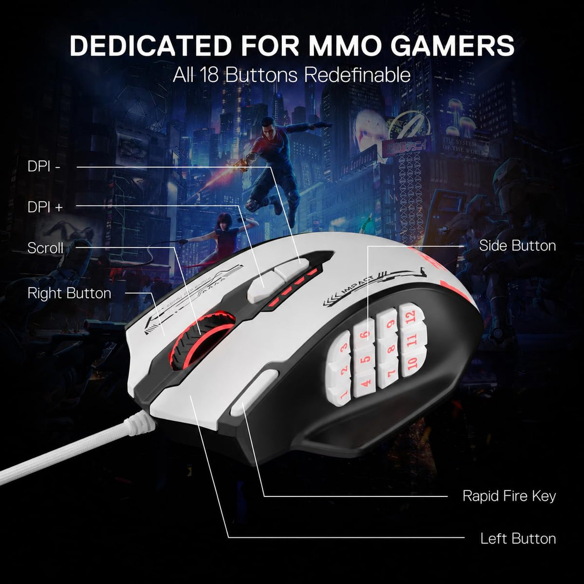 Redragon M908 Impact RGB LED MMO Gaming Mouse With 12 Side Buttons, Optical Wired Ergonomic Mouse with Max 12,400DPI, High Precision, 18 Programmable Macro Shortcuts, Comfort Grip