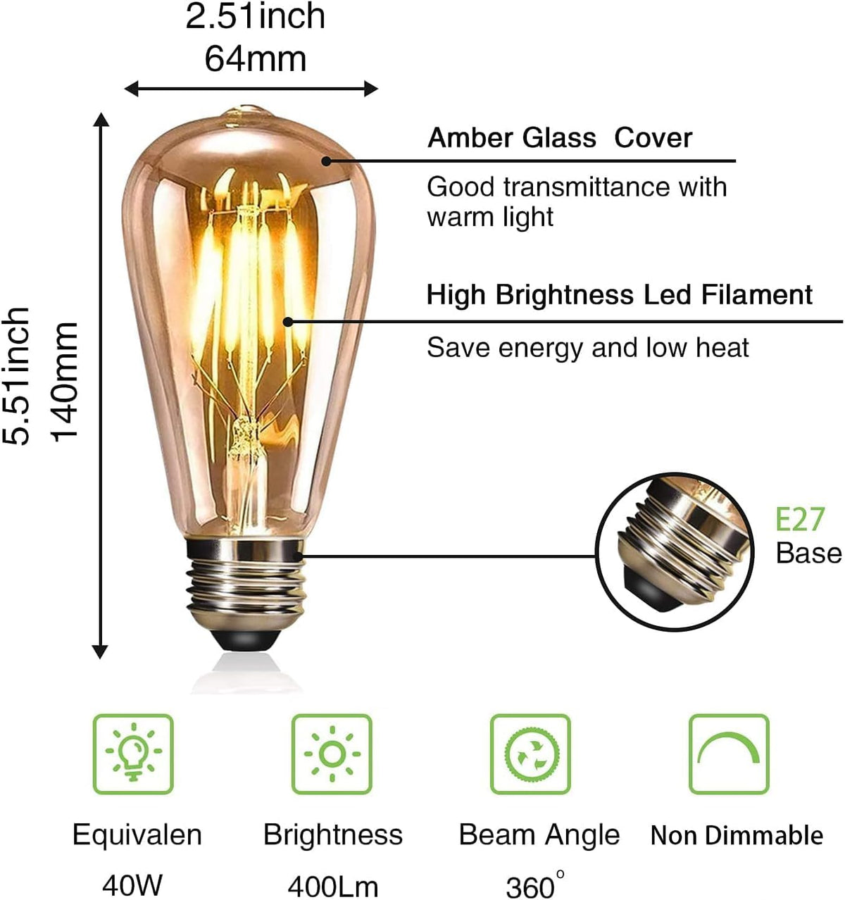 YOUDIAN E27 LED Edison Screw Bulb,Vintage Light Bulb ST64 4W(Pack of 2)