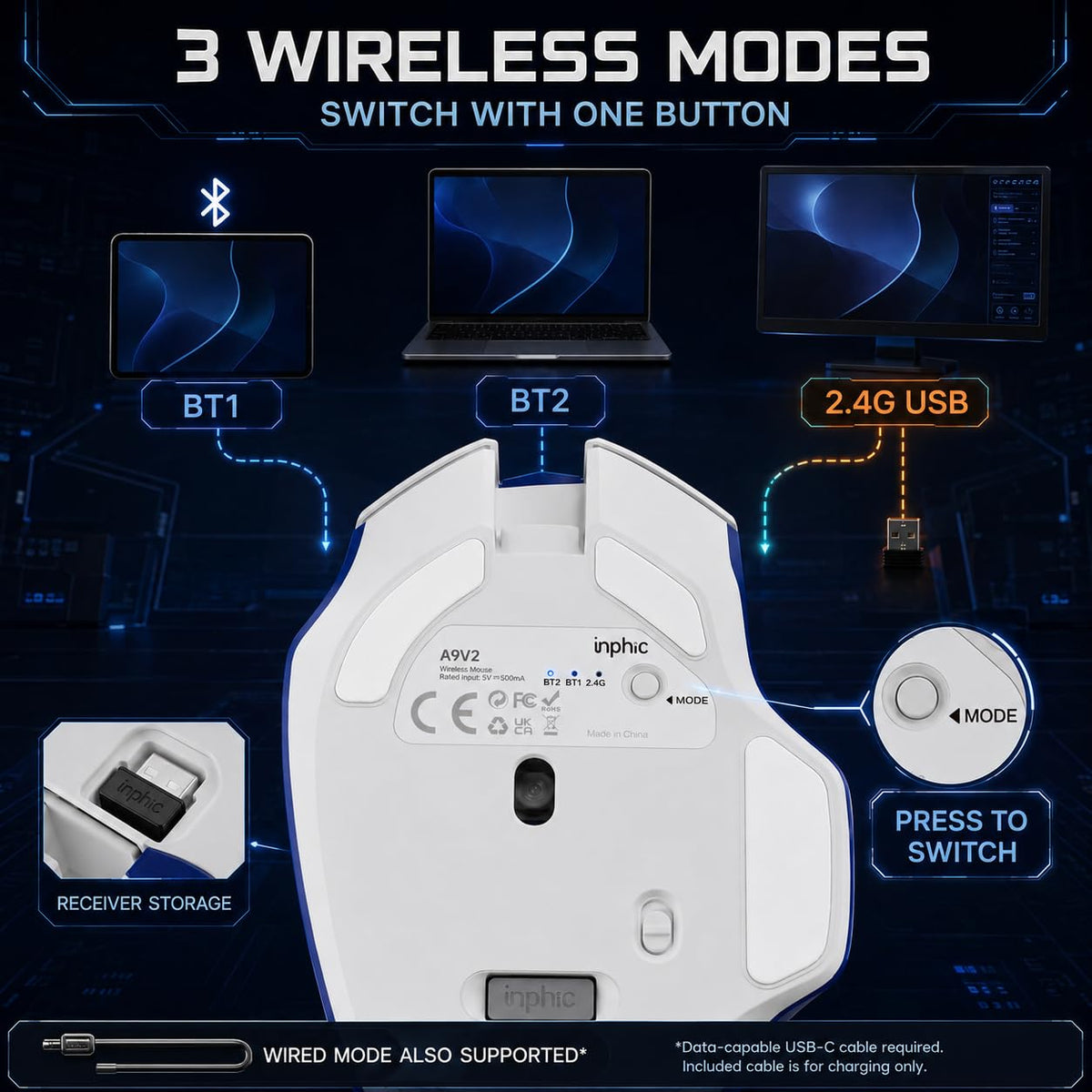INPHIC A9 V2 Explorer Wireless Gaming Mouse, 12800 DPI Silent Mouse