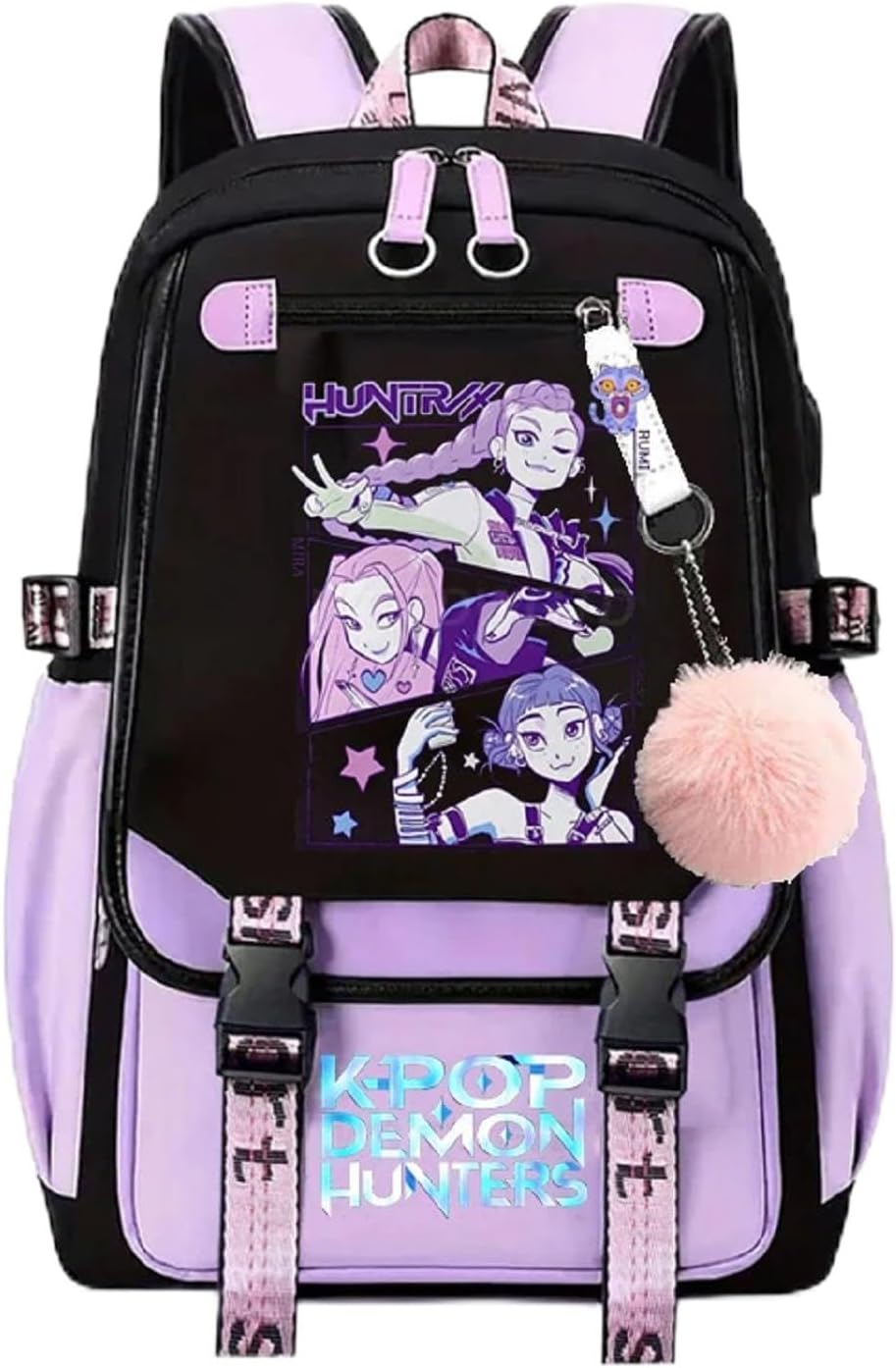 Kpop Purple Black Backpack for School, Large K Pop Rucksack with USB and Audio Cable, Lightweight Casual School Bag for Vacation Travel, Kpop Backpack for Girls Boys Fans