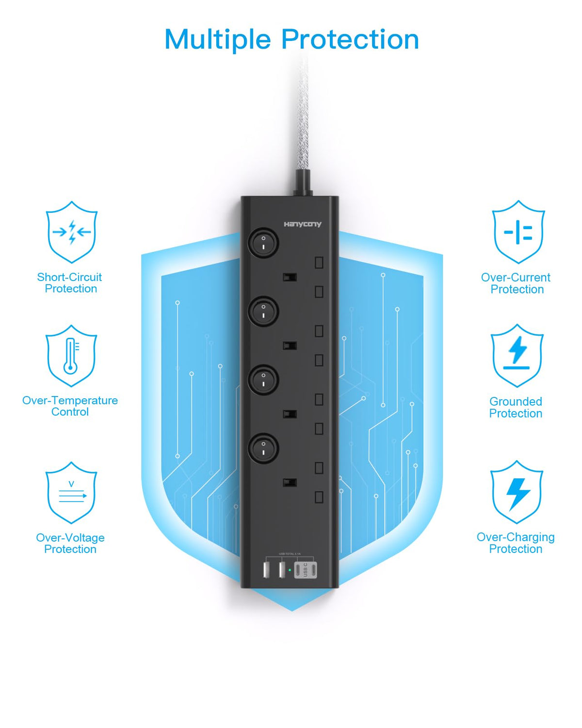 Extension Lead with USB Slots(2 USB C), 4 Way Plug Extension Socket, 1.8M