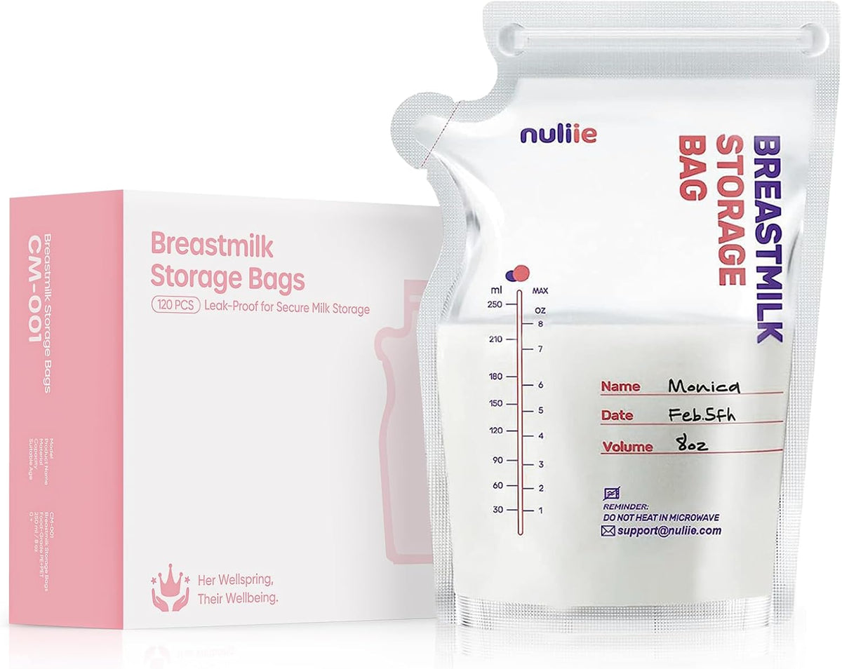 Nuliie 120 Pcs Breast Milk Storage Bags, 250ml BPA Free Milk Storage Bags with Pour Spout for Breastfeeding, Self-Standing or Flat Pre-sterilised Bag, Space Saving for Fridge or Freezer Use