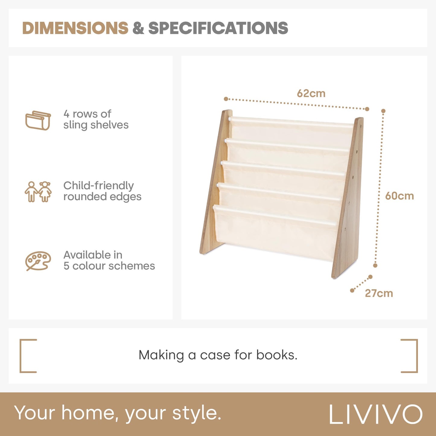 LIVIVO Colorful Kids Bookshelf - 4 Tier Children's Bookcase, Magazine and Book Storage Rack, Wooden Sling Book Organizer, Book Shelf for Kids Room, Bedroom, Nursery, Playroom (Natural)