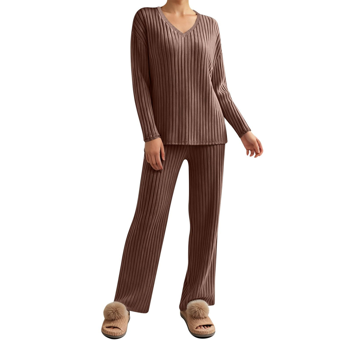 Lounge Wear Sets For Women Uk Womens Pyjamas Set Ladies Pyjamas Two Piece Outfit Fleece Tracksuits V-Neck Long Sleeve Jumpers And Wide Leg Trousers With Pockets Sleepwear Plain Casual Homewear