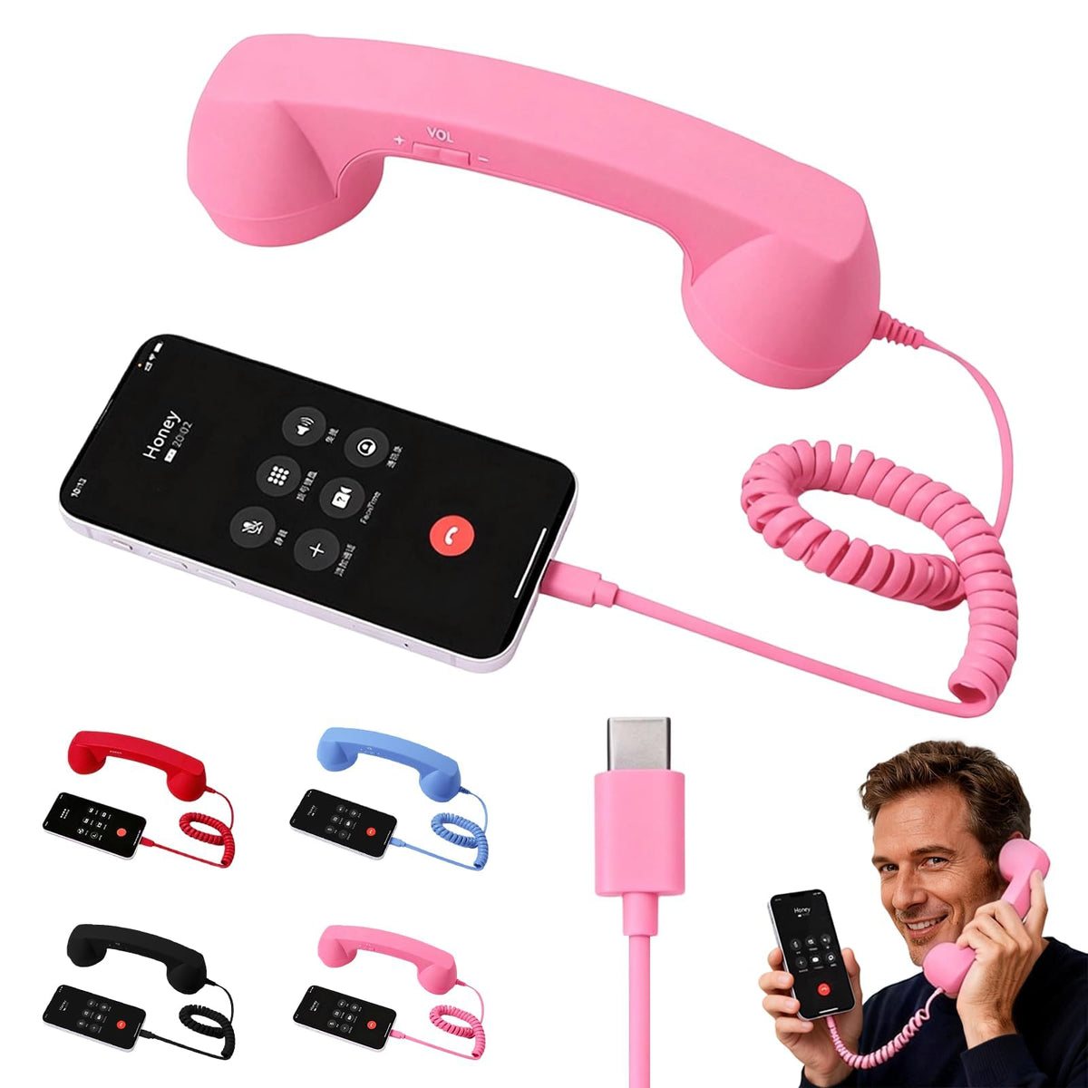 Retro Phone Handset for iPhone & Android, 2026 New Type-C Wired Receiver with Microphone & Speaker (2Pcs(Black and Red))
