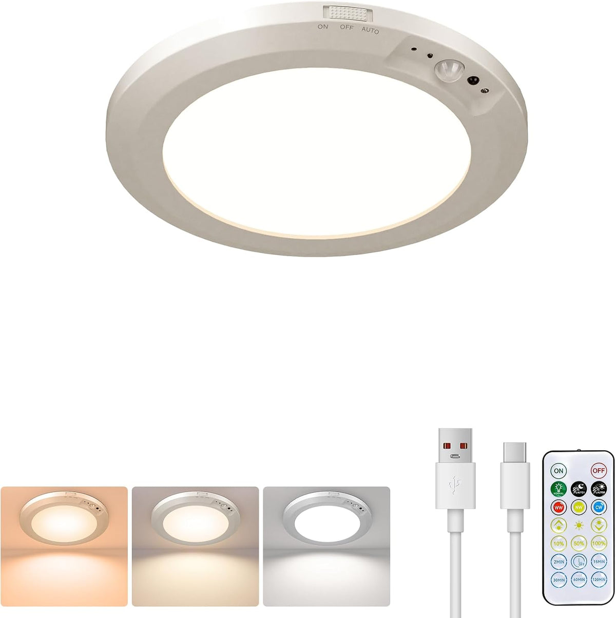 Motion Sensor Rechargeable LED Ceiling Light, Size 7.3", White, 1PCS