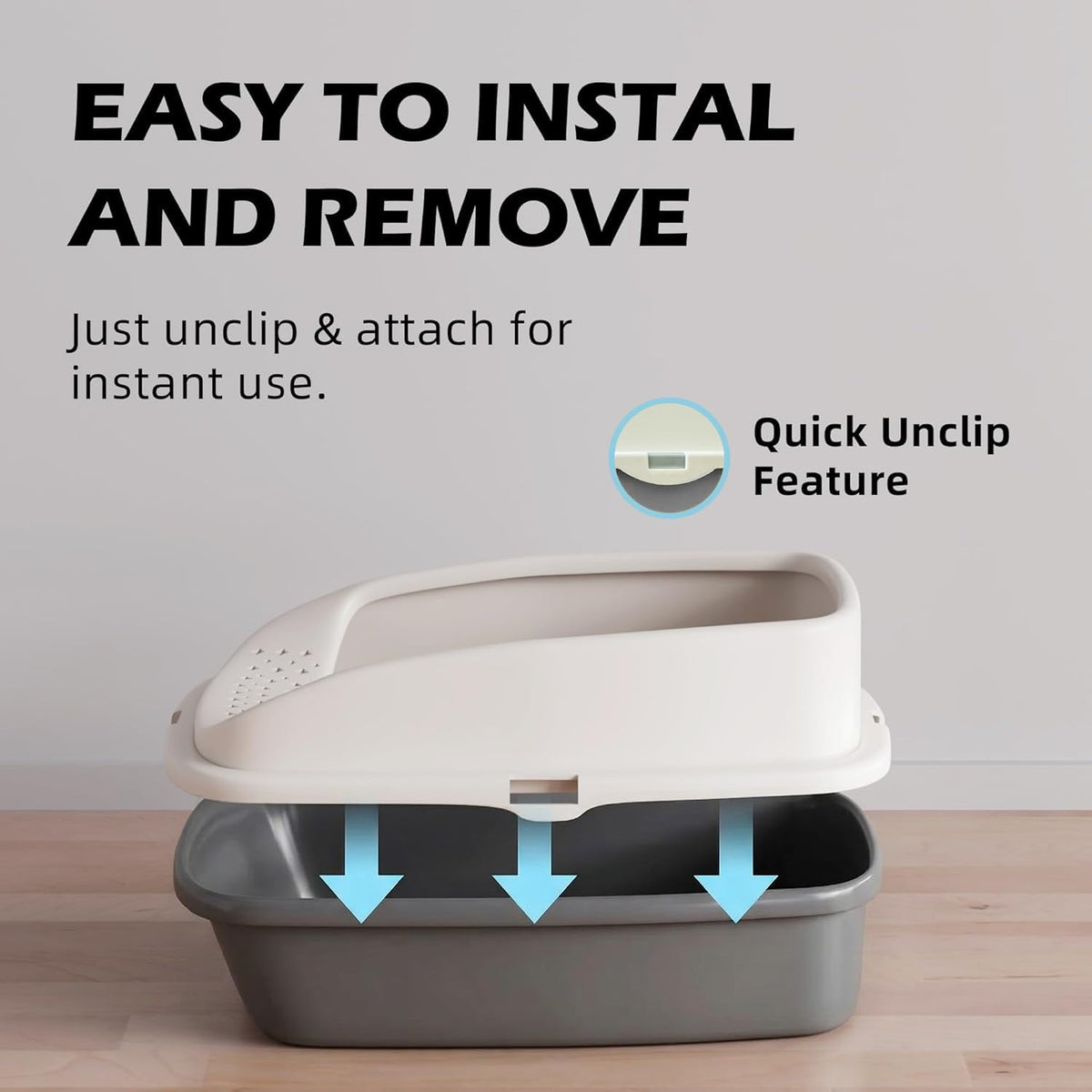 Cat Litter Tray Box, Litter Box, Plastic Cat Open Top Litter Tray with Free Scoop Kitten Detachable Rim Easy Cleaning,49 x 38 x 23cm (Grey)
