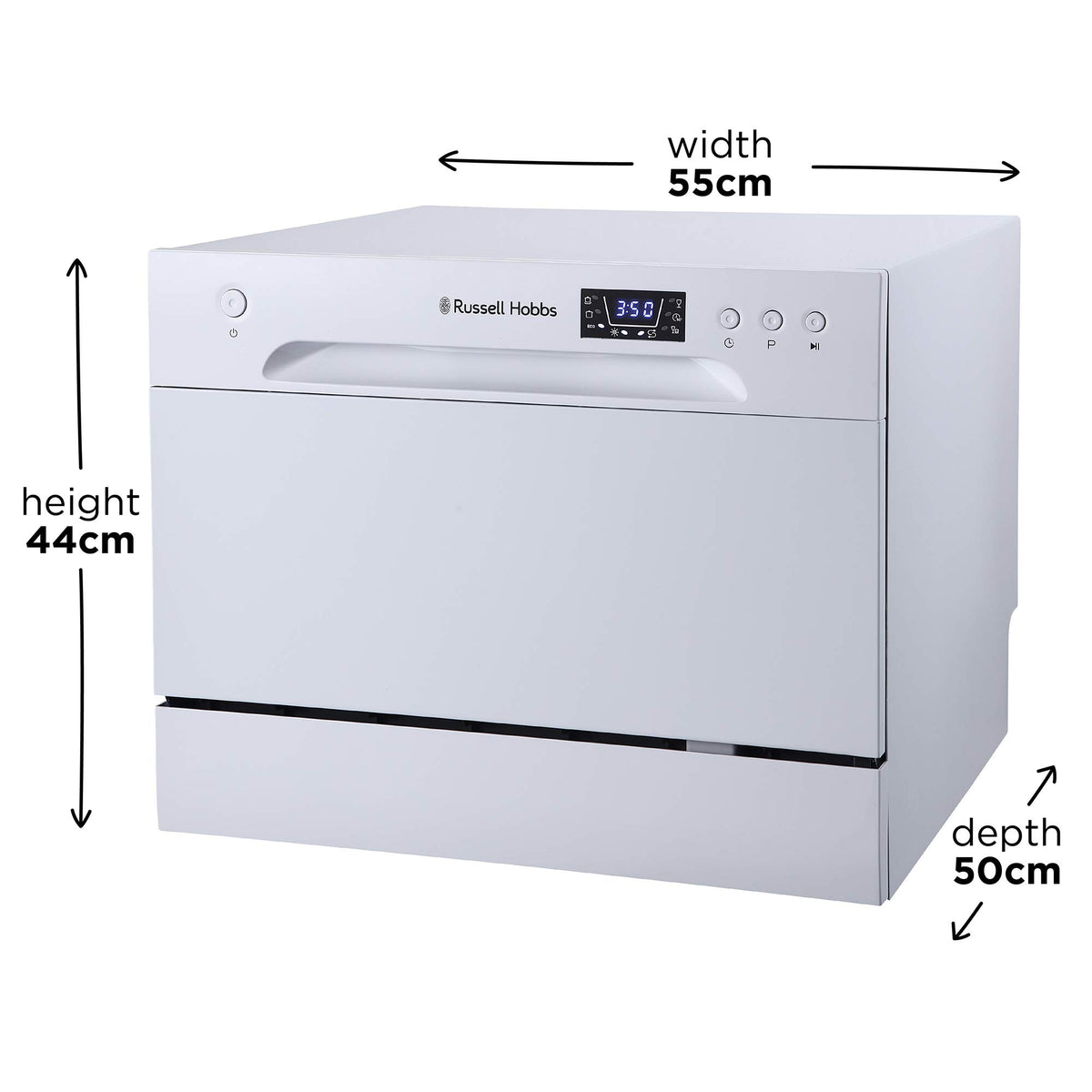 Russell Hobbs Table Top Dishwasher Compact Mini with 6 Place Settings, LED Display, Button Control, 6 Programmes, Portable & Efficient, 24hr Timer, Rinse & Eco Mode in White, RH6TTDW0D1W