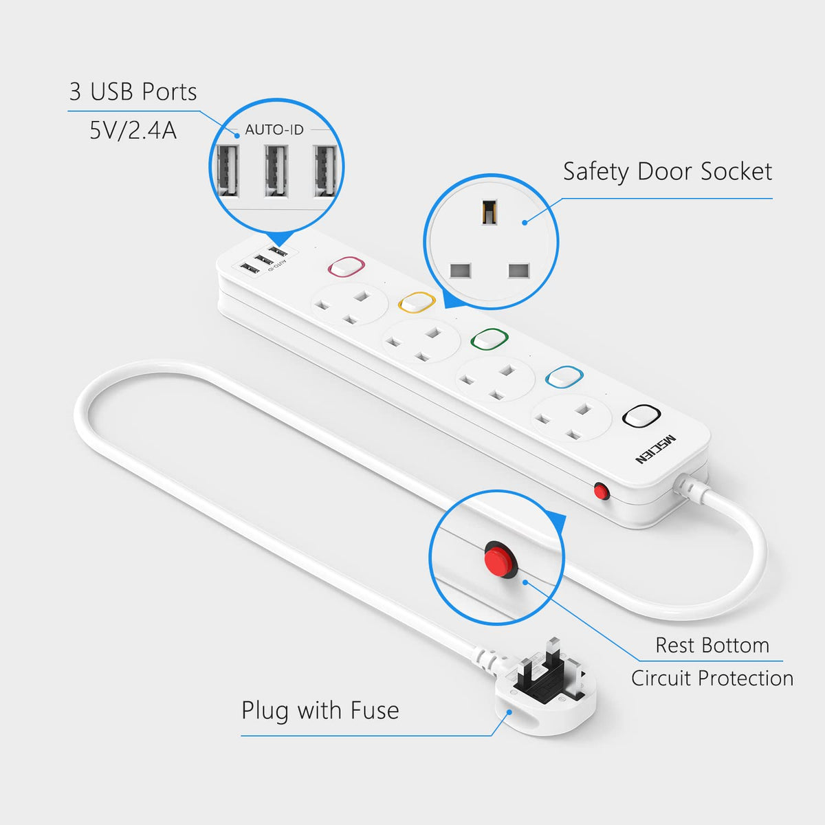 Mscien Extension Lead 1M with USB Slots 4 Way Wall Mounted, 1M Extension Lead Switched with Multiple Protection, Fused Power Strip 4 Sockets White, 13A/3250W