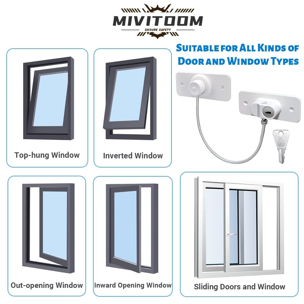 8Pcs Window Locks for UPVC Windows, MIVITOOM Window Cable Restrictor Window Safety Locks with Keys and Screws for Child & Pet Safety, Self Adhesive