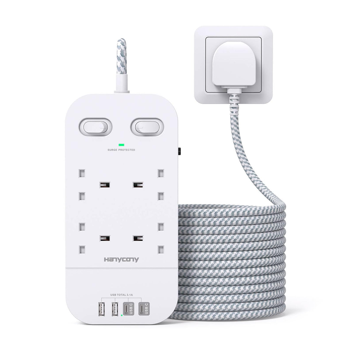 5M Extension Lead Surge Protected, 4 Way Outlets with 2 USB C & 2 USB A