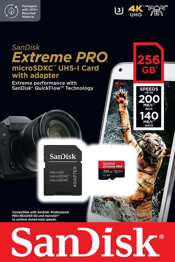 SANDISK Extreme PRO microSD Card + Adapter 256GB, Up to 200MB/s Read Speeds