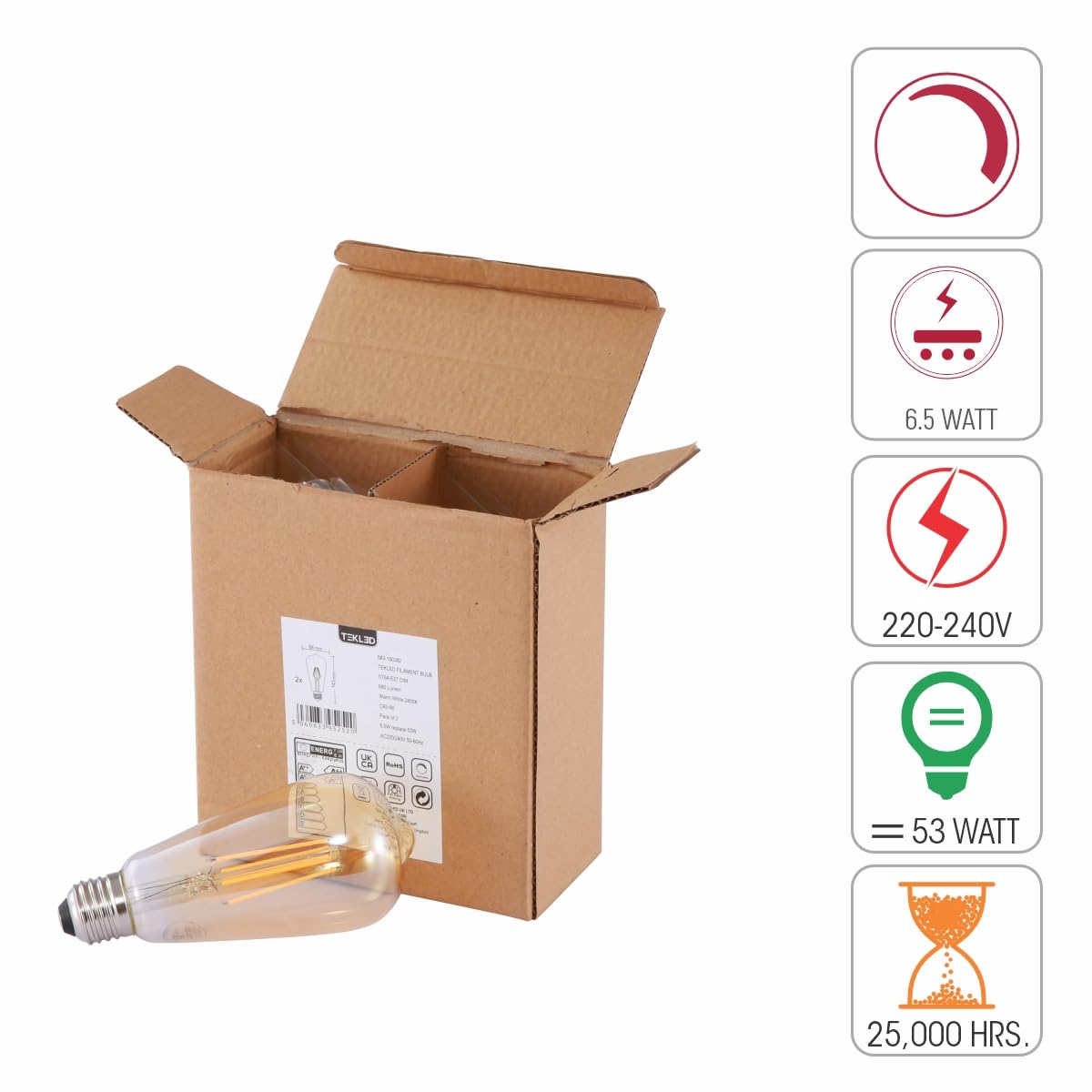 TEKLED LED Filament Style ST64 Bulbs E27 Dimmable 6.5W 60W Equiv 2700K 2 Pack Warm White
