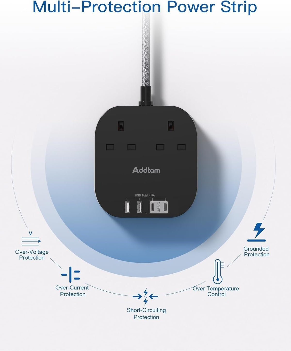 Addtam 3M Extension Lead with USB Slots, Power Strips with 2AC Outlets 4USB