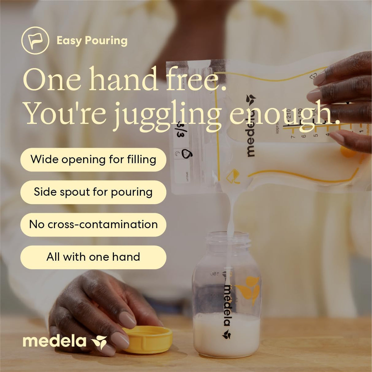 Medela Easy Pour Disposable Breastmilk Storage Bags, 210 ml Capacity, Leakproof Design with Milk Protection, Made Without BPA, Pack of 50