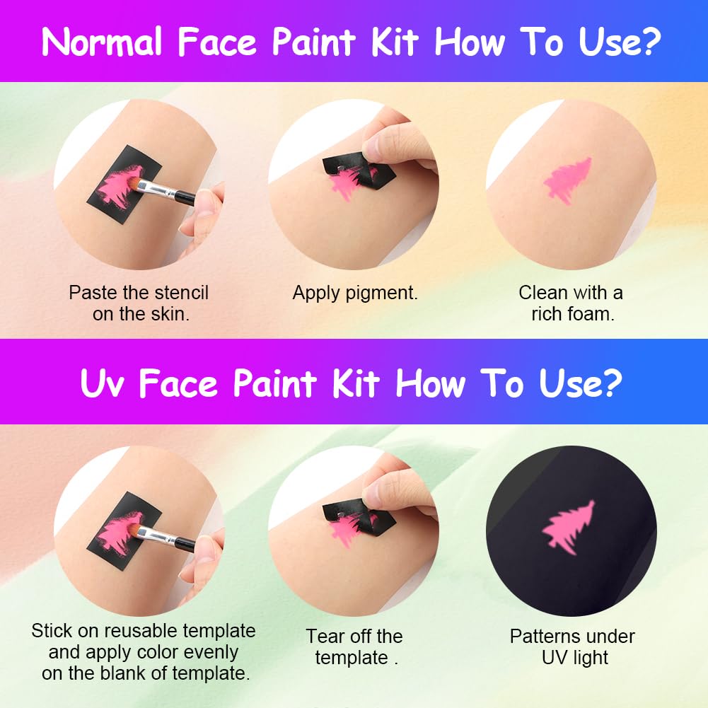 URAQT Face Paint Kit, 15 Color Face & 15 Color Neon Ultraviolet Painting with 2 Brushes 80 Stencils, Washable Safe Body Paint for Adults Kids Halloween Party Carnival, Makeup Paint Non-Toxic to Use