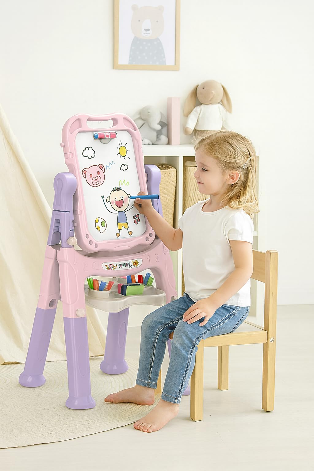 The Magic Toy Shop Kids Folding Double-Sided Magnetic Easel - 360° Rotating & Removable Drawing Board with Blackboard & Whiteboard - Magnets, Chalks, Markers, Stand - Art, Painting, & Writing (Pink)