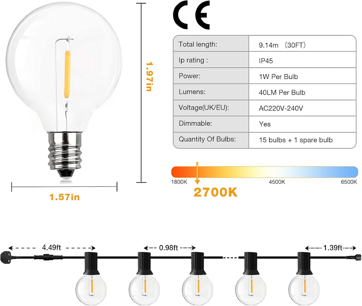 GPATIO Garden Lights, 30FT/9M LED Festoon Lights with 16 Shatterproof Bulbs