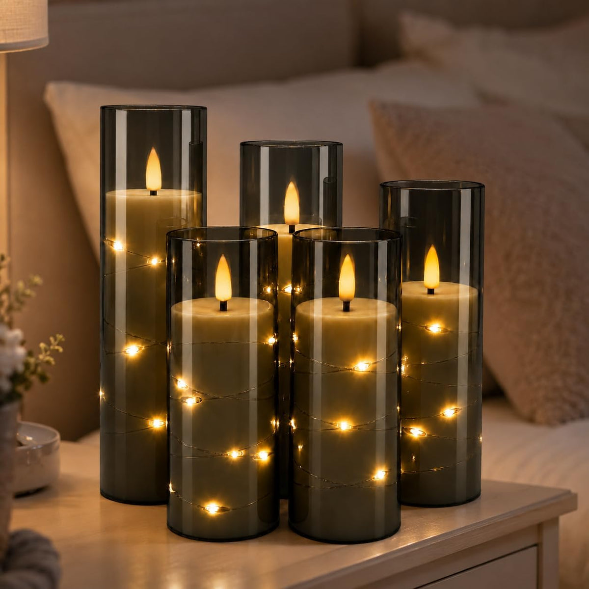 5 Pack Ivory Transparent Taper Candles, Black Wick Flickering Flameless LED Candles with Fairy Lights, Heat Resistant Reusable Plastic Candles, Remote Control, 14/14/16/18/20cm, Indoor Outdoor Decor