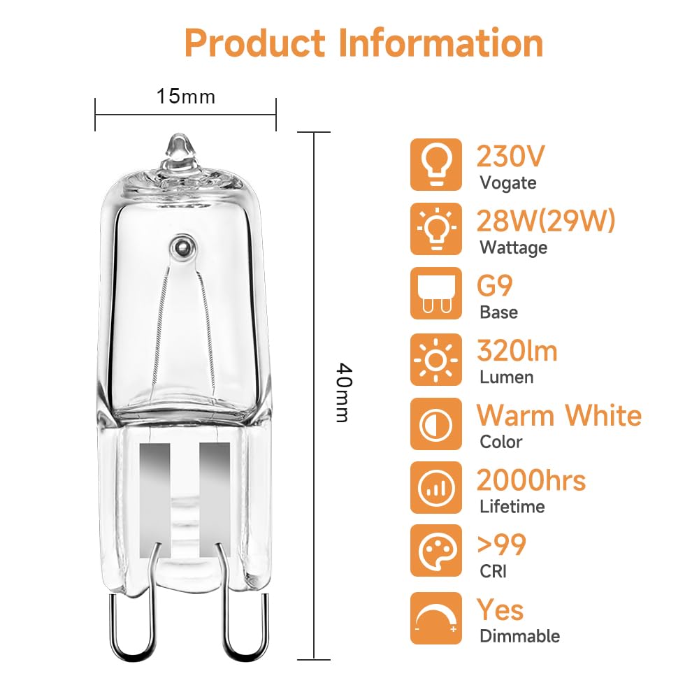 5Pack G9 Halogen Bulbs 230V 33W (34W) 2800K Warm White 450lm Clear G9 Capsule Bulb Dimmable