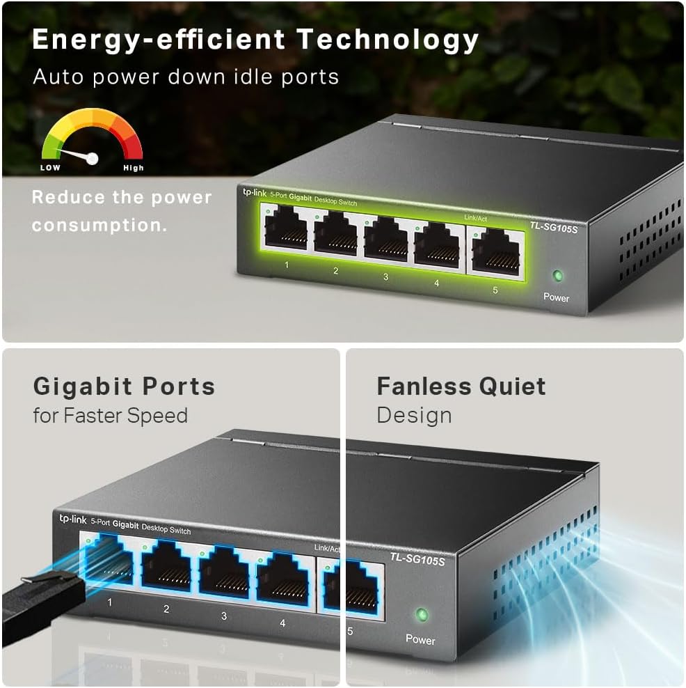 TP-Link TL-SG105S, 5 Port Gigabit Ethernet Network Switch, Ethernet Splitter, Hub, Desktop and Wall-Mounting, Sturdy Metal, Fanless, Plug and Play, Energy-Saving