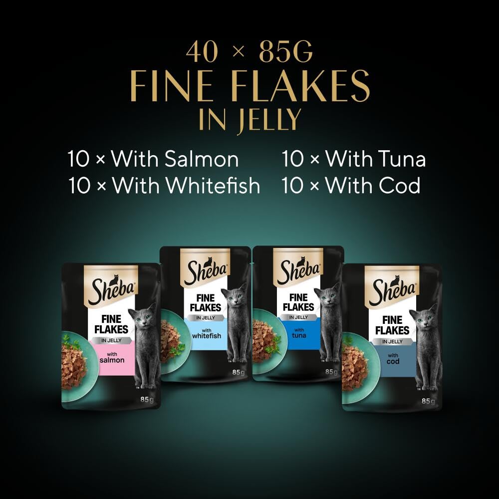 Sheba Fine Flakes in Jelly – Poultry Collection – Wet cat food pouches for adult cats – 40x85g pack