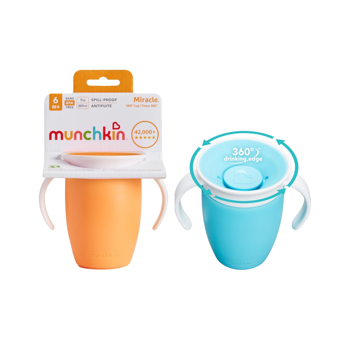 Munchkin Miracle 360 Sippy Cup | Trainer Toddler BPA Free Baby & Toddler Cups w.Handles | Non Spill | Dishwasher Safe Baby | Leakproof | 6+ Months| 7oz/207ml | 2 Pack | Blue/Green