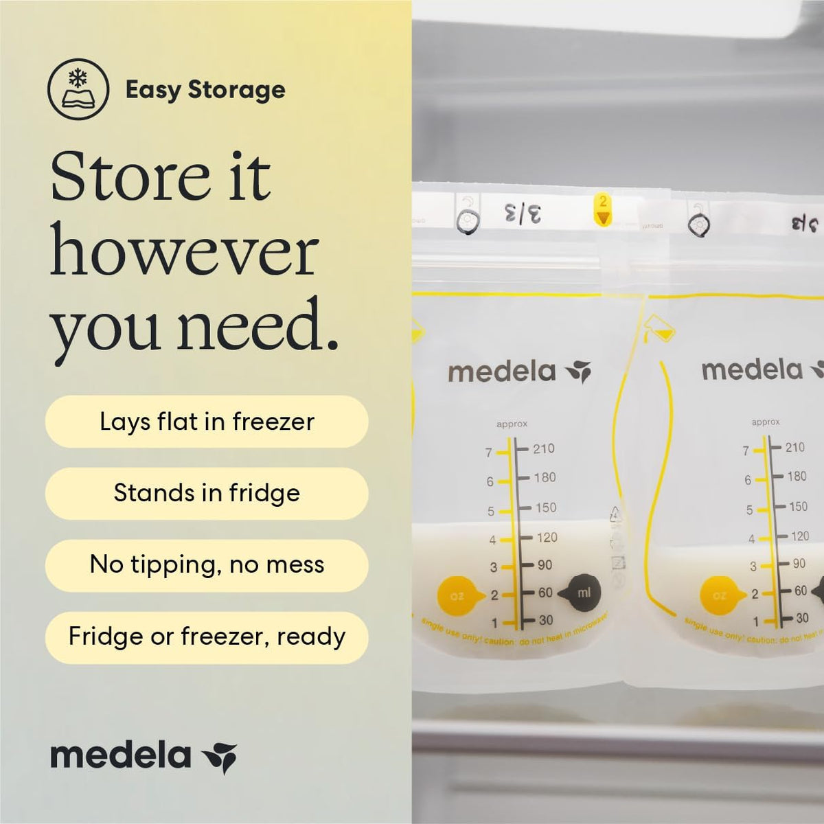 Medela Easy Pour Disposable Breastmilk Storage Bags, 210 ml Capacity, Leakproof Design with Milk Protection, Made Without BPA, Pack of 50