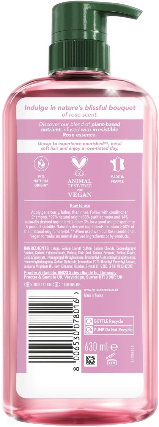 Herbal Essences Rose Scent Petal Soft Shampoo 650ml to Help Dry Hair Feel Silky and Nourished, Blended with Rose Essence and Natural Origin Ingredients, Silicone Free, Vegan and Cruelty Freerefers