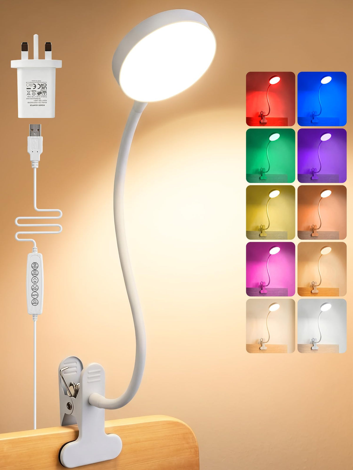 Reading Light,10 RGB Colors Desk Lamp with Clamp,10 Dimmable Clip on Light