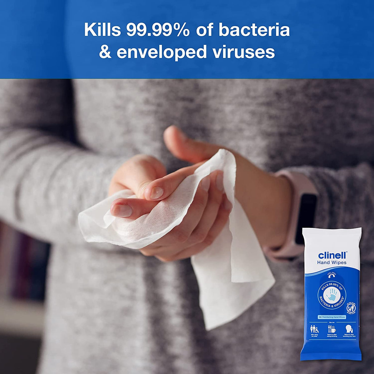 Clinell Antimicrobial Hand Wipes - Sanitising for Cleaning & Disinfecting, Travel-Friendly - Dermatologically Tested, Kills 99.99% of Bacteria & Viruses - Pack of 30, Blue