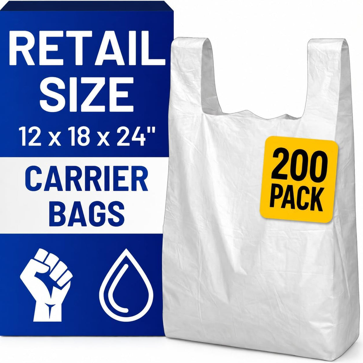 Plastic Carrier Bags White - Standard Retail Size 12x18x24", 200 Pack