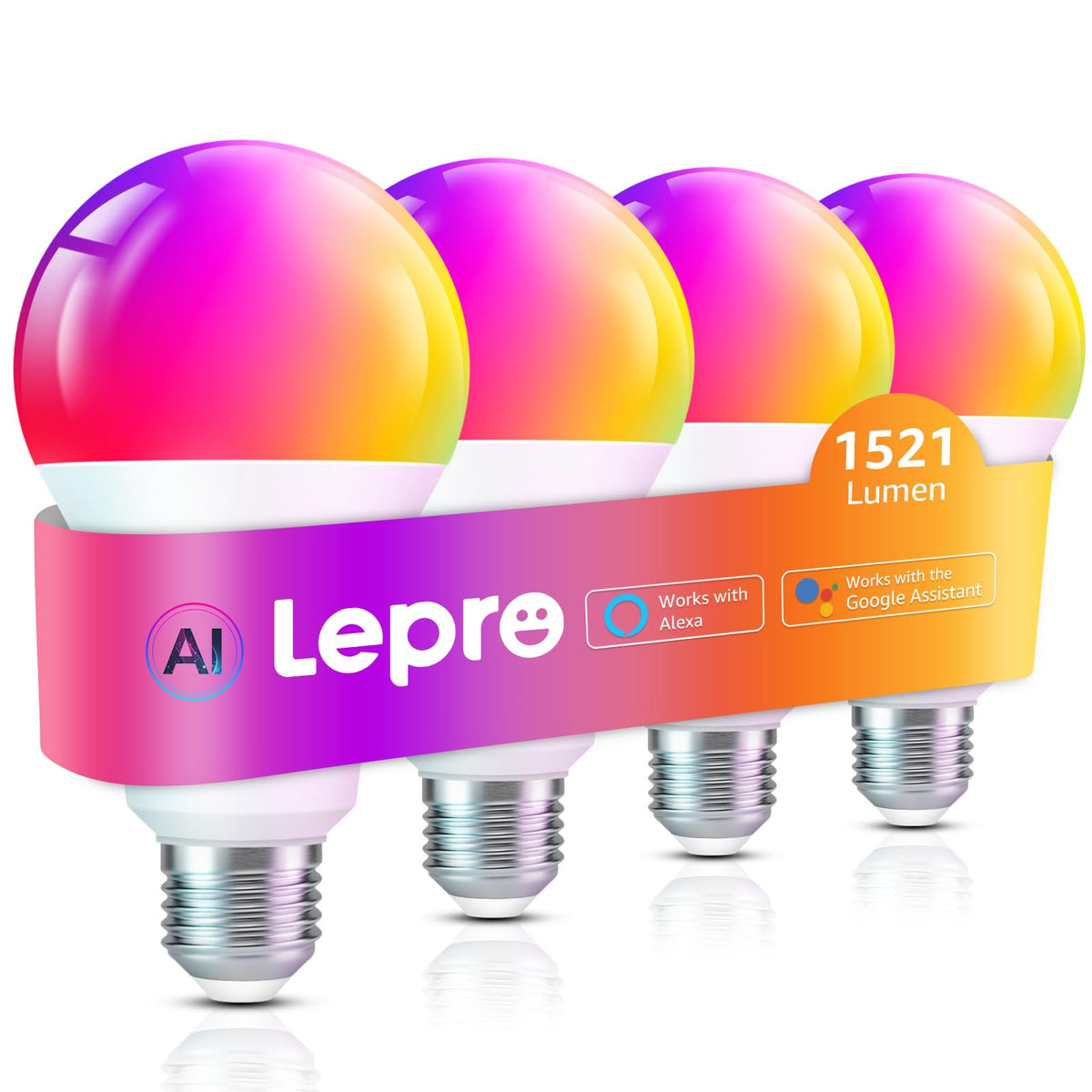 Lepro E27 Smart Bulbs, 806lm 8.5W, RGB Colour Changing, AI Lighting, 2 Pack