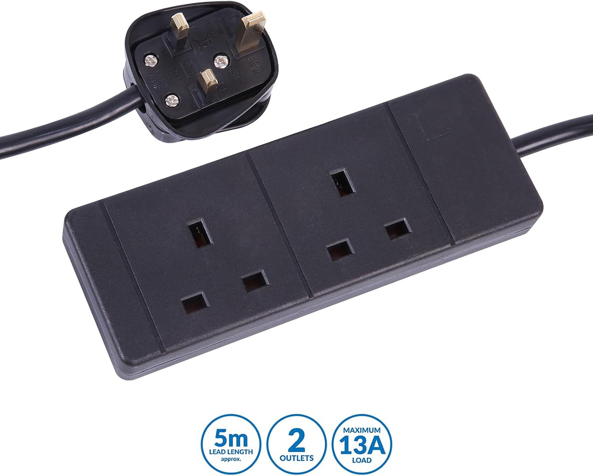 PRO ELEC 2 Gang Extension Lead, 13A UK Plug, 250V, 5m Cable – PELB1738