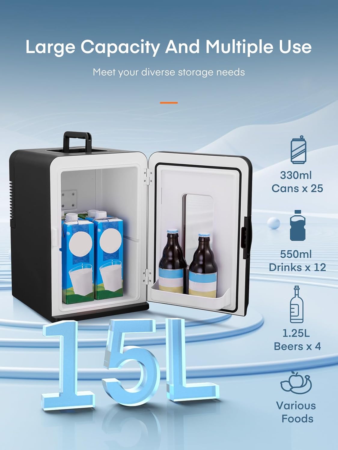 Mini Fridge for Bedrooms, 15 Liter /21 Cans Portable Small Fridge, AC+DC Power Car, Office, Thermoelectric Cooler & Warmer Skincare for Food, Drinks, Cosmetics, Max & ECO Mode, Black