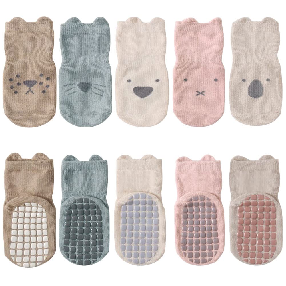 FedMois 5 Pairs Baby Kids Anti-slip Socks Cotton non skid Ankle Socks Animals