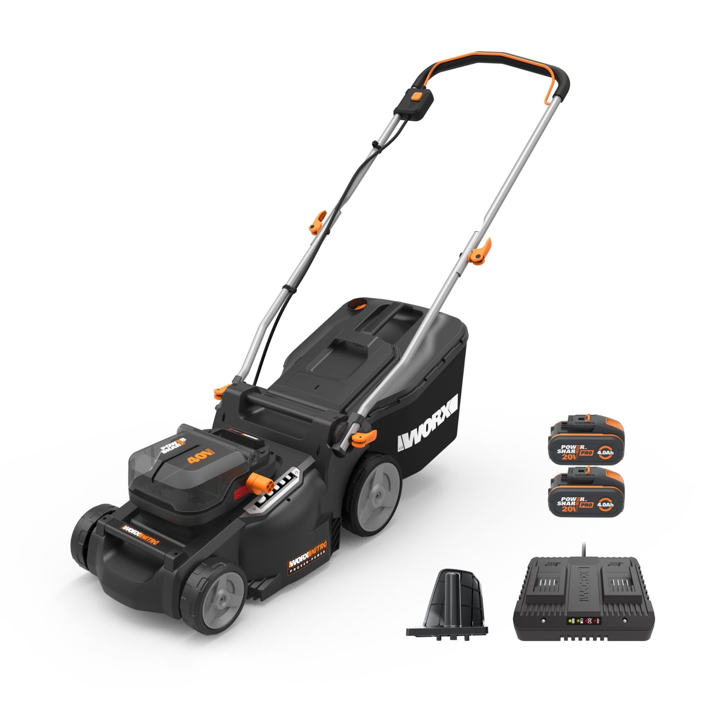 Worx WG779E.2 40V 34cm Cordless Lawnmower, ideal for Gardens up to 230㎡, Cut-to-Edge, striped Lawn Roller, foldable Handle, PowerShare, includes 2x 2.0Ah Batteries, Charger & 30L Grass collection bag