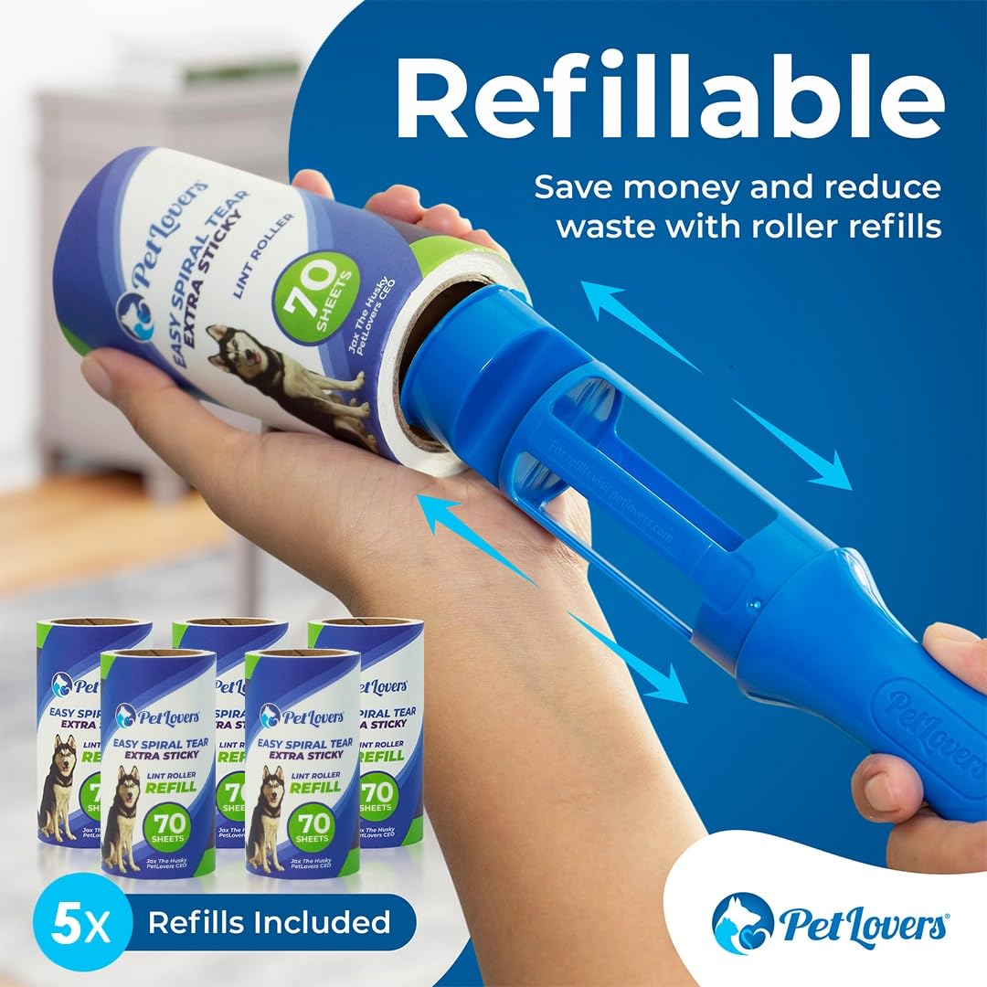 PetLovers Extra Sticky Lint Roller Mega Value Set 450 Sheets for Pet Hair Removal Dog and Cat Lint Remover 5 Pack