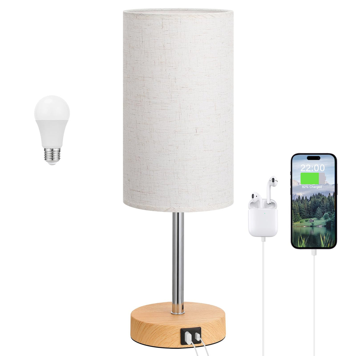 Aooshine Grey Table Lamp, 3-Way Dimmable, USB A + C Charging