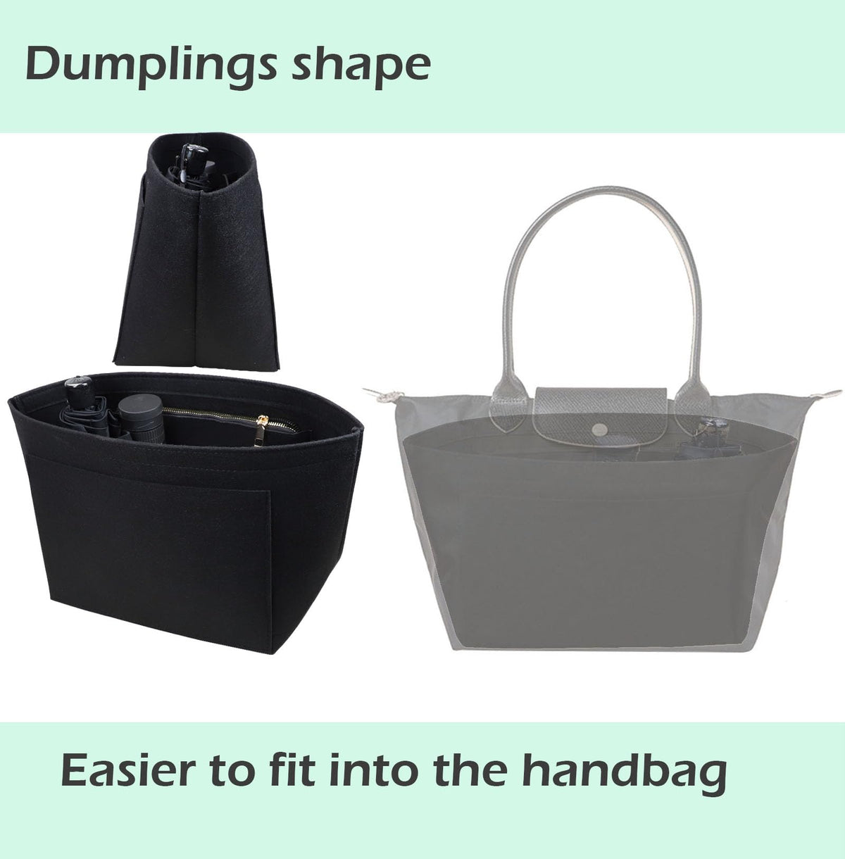 Lckaey tote bag organizer insert for Longchamp le pliage large tote insert felt purse zipper bag organizer 1028pink-S